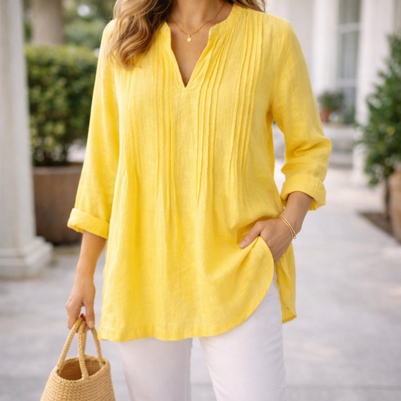 Charter Club Tops - Charter Club Luxury Linen Pintuck Tunic Top Yellow XL Relaxed Summer V Neck